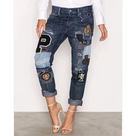 Ralph Lauren Astor Slim Boyfriend Jeans 26 Denim Distressed Patchwork Dungarees - Picture 1 of 8